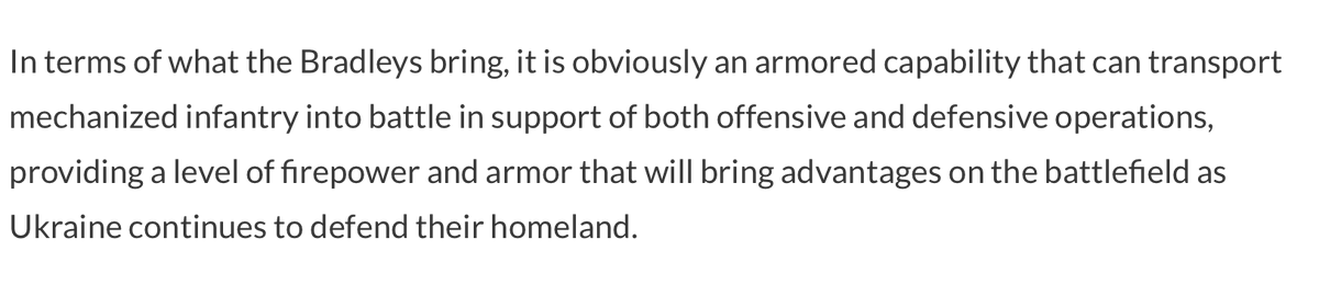 Pentagon spokesman @PentagonPresSec with more details about the US Bradley fighting vehicles for Ukraine: both an offensive and a defensive capability to the Ukrainians to be able to change the equation on the battlefield”