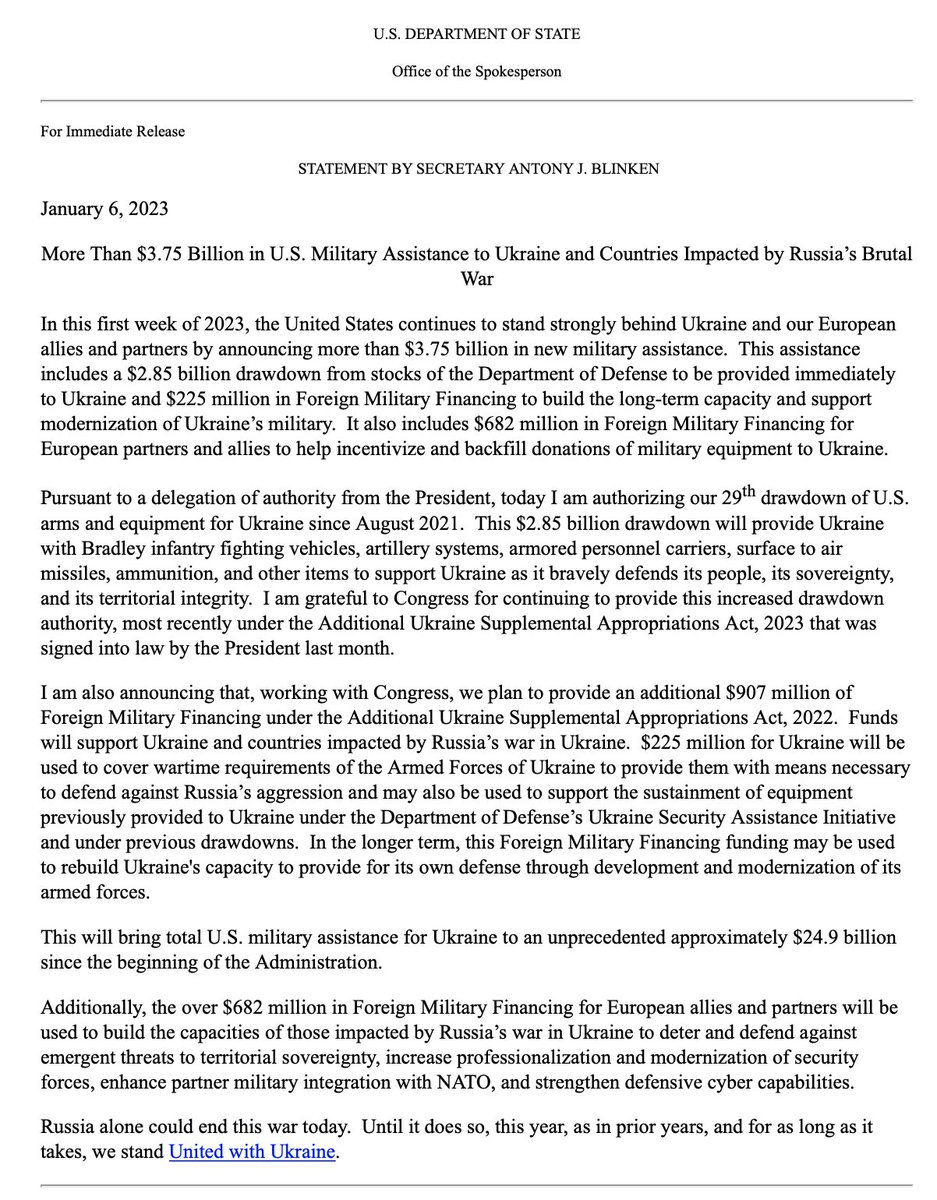 @.StateDept's @SecBlinken on new +$3.75 billion aid package for Ukraine    Includes $2.85 billion drawdown from @DeptofDefense stocksto be provided immediately:  -Bradley fighting vehicles -artillery systems -armored personnel carriers -surface to air missiles -ammo