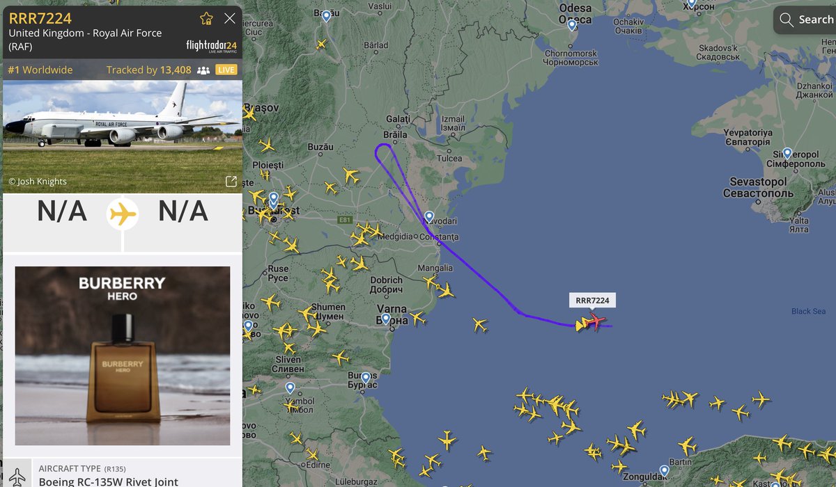 British reconnaissance aircraft (RRR7224) in the Black Sea, protected by 2 Eurofighter Typhoons (DREAD012 and DREAD011)