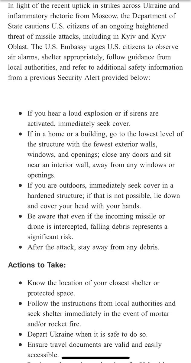 US Embassy Kyiv sent an alert to Americans in Ukraine tonight: “In light of the recent uptick in strikes across Ukraine and inflammatory rhetoric from Moscow, the Department of State cautions U.S. citizens of an ongoing heightened threat of missile attacks, including in Kyiv.”