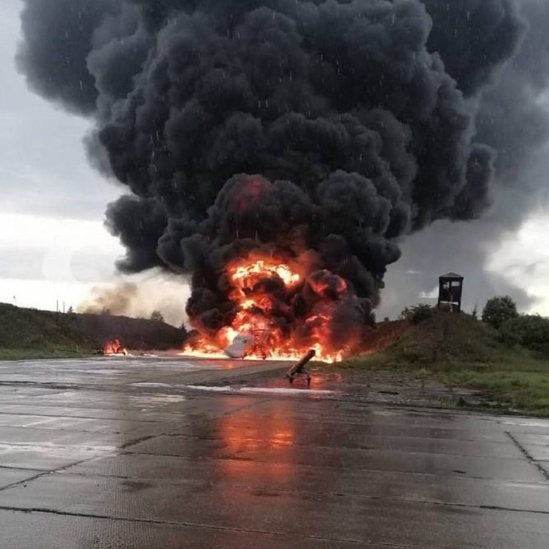 Burnt Tu-22M3 aircraft at Soltsy airbase after suspected quadcopter attack