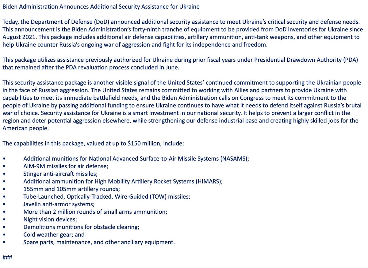 US announces $150 million in new security assistance for Ukraine: - NASAMS-AIM9M air defense missiles;-Stinger missiles;-HIMARS; -TOW missiles;-Javelin missiles-155mm, 105mm artillery rounds