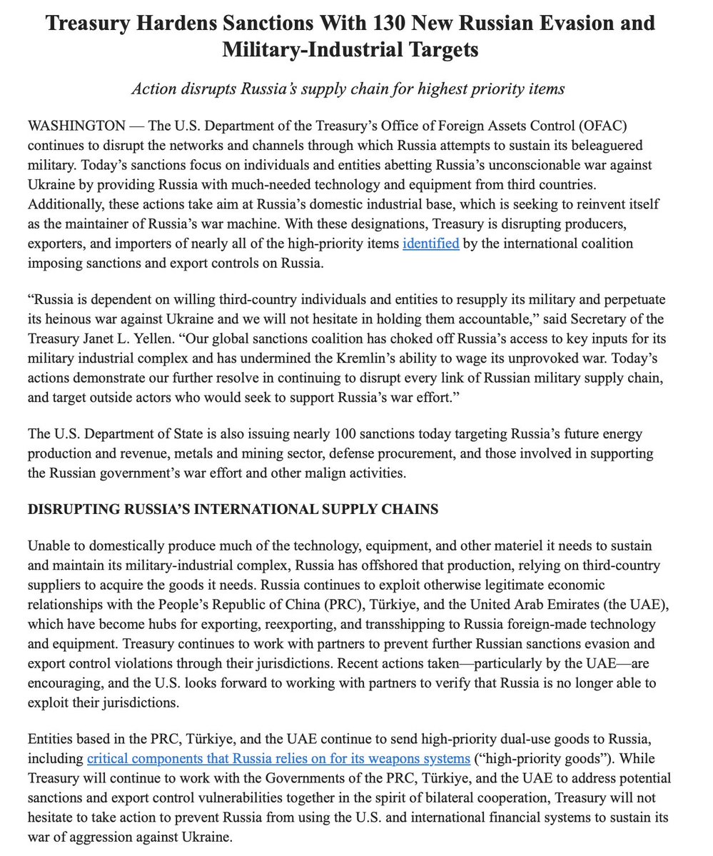 US hits at Russian supply chains - strengthens sanctions against 130 individuals/entities in Turkey, UAE, China and Russia.  Russia is dependent on willing 3rd-country individuals and entities, we will not hesitate in holding them accountable, - @USTreasury Sec Janet Yellen