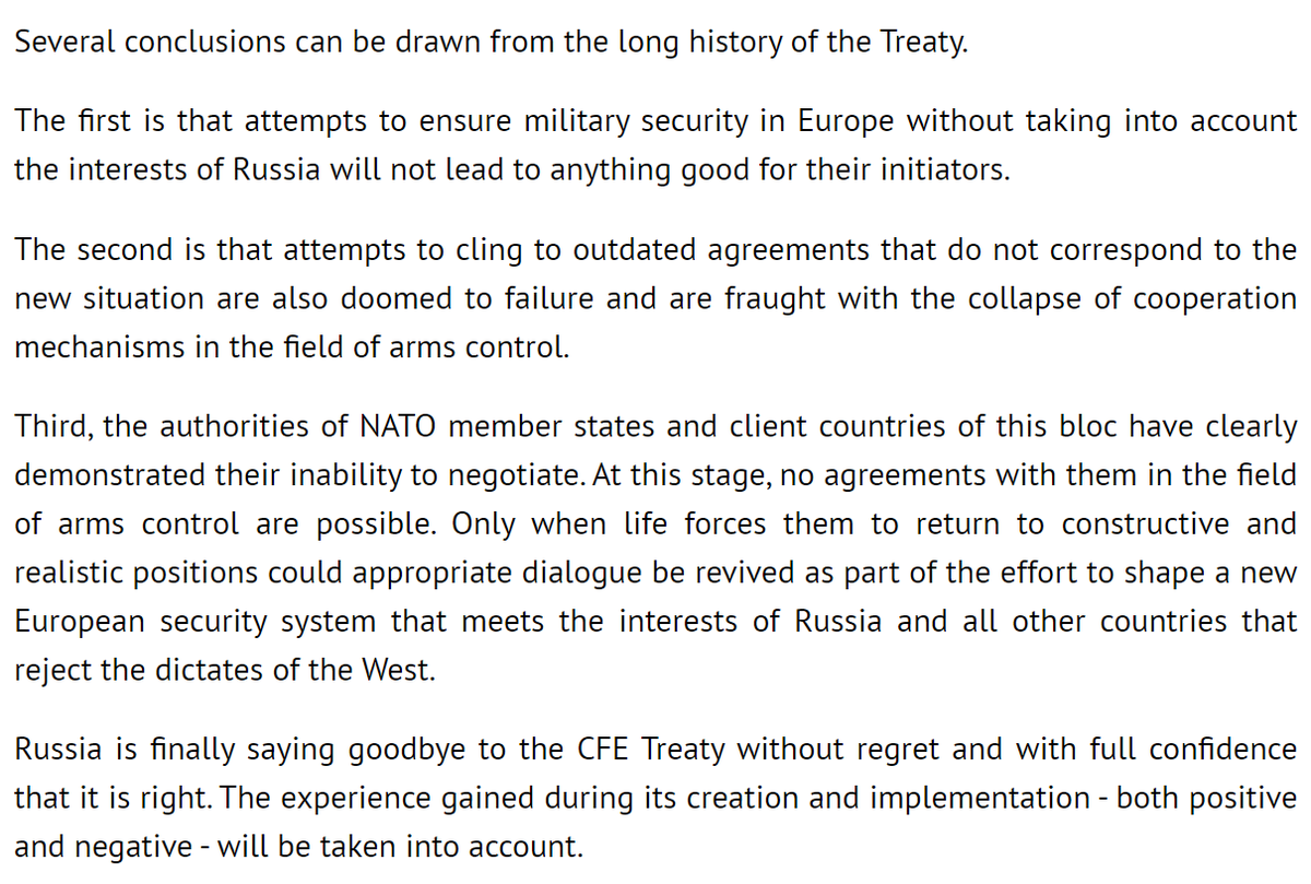 NATO members intend to suspend the operation of the CFE Treaty for as long as necessary, in accordance with their rights under international law. This is a decision fully supported by all NATO Allies.