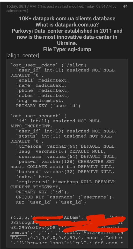 DataPark - Ukrainian data center Parkovy was hacked. Hackers leaked the customer database, including password hashes