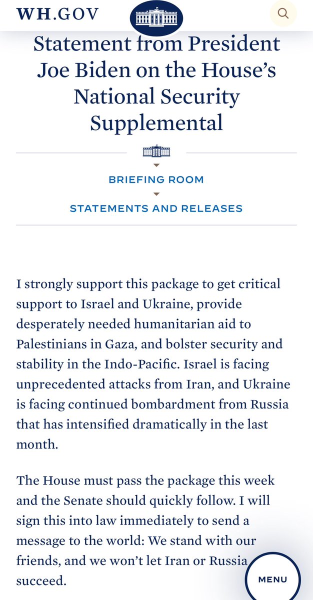 The White House just now released a statement that it fully backs the proposed aid bills for Ukraine, the Indo-Pacific and Israel. President Biden is ready to sign the bills as soon as they pass Congress, which is scheduled for this Saturday