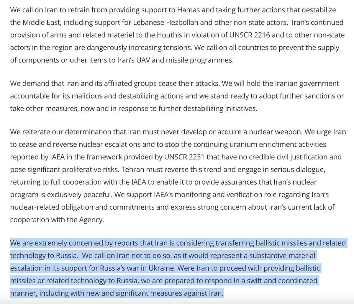 The @G7foreign ministers warned Iran against “substantive material escalation in its support for Russia’s war in Ukraine in a statement. Were Iran to proceed with providing ballistic missiles to Russia, @G7 said it's prepared to respond with new and significant measures.