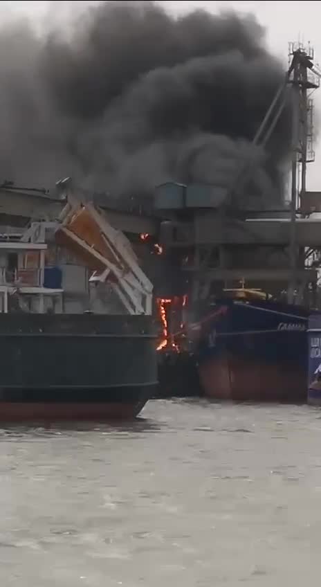 Big fire at grain terminal in Azov sea port, Rostov region of Russia