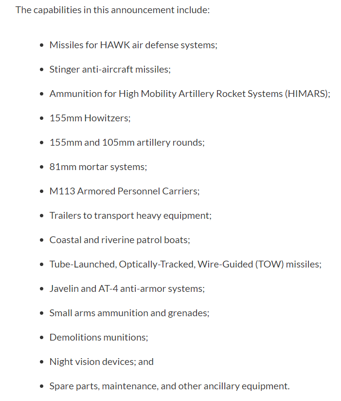 محتويات أحدث حزمة أسلحة أمريكية بقيمة 225 مليون دولار لأوكرانيا، وفقًا لـDeptofDefense (التي أعلن عنها اليوم @WhiteHouse)