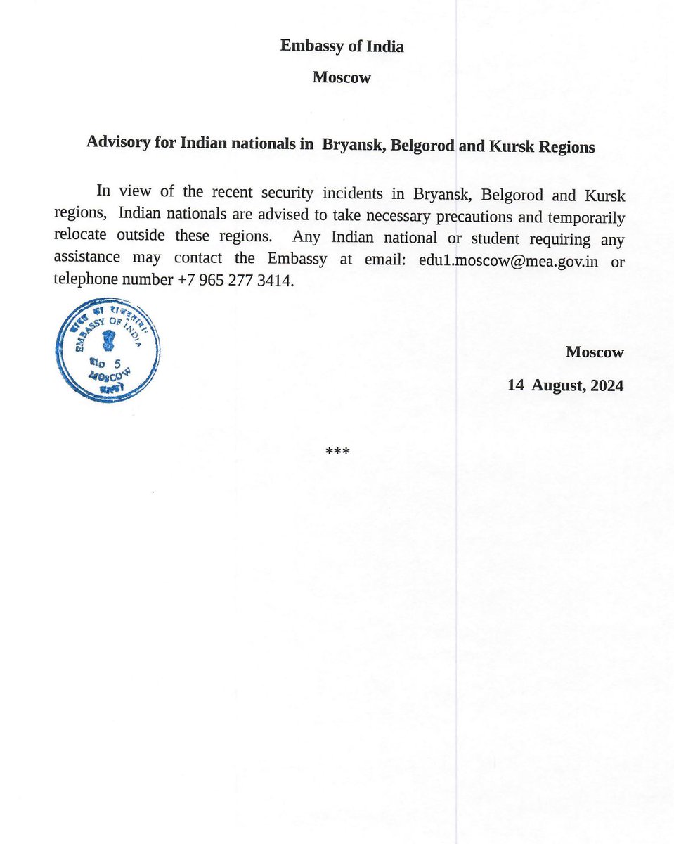 Indian Embassy in Russia issues advisory for Indian nationals in Bryansk, Belgorod and Kursk regions