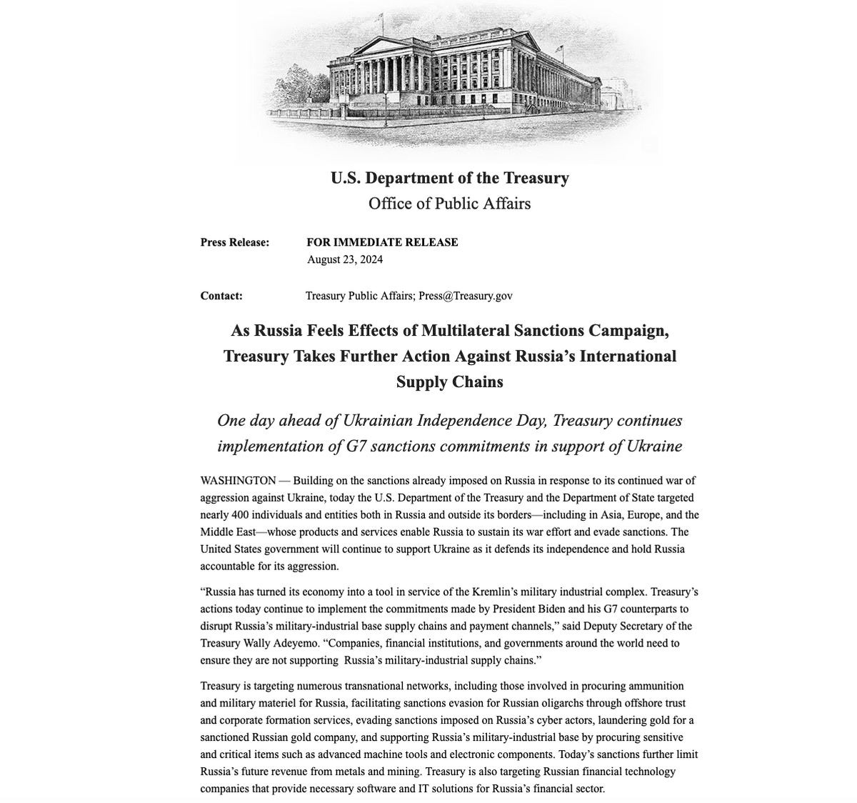 One day ahead of Ukrainian Independence Day, @USTreasury says continues implementation of G7 sanctions commitments in support of Ukraine