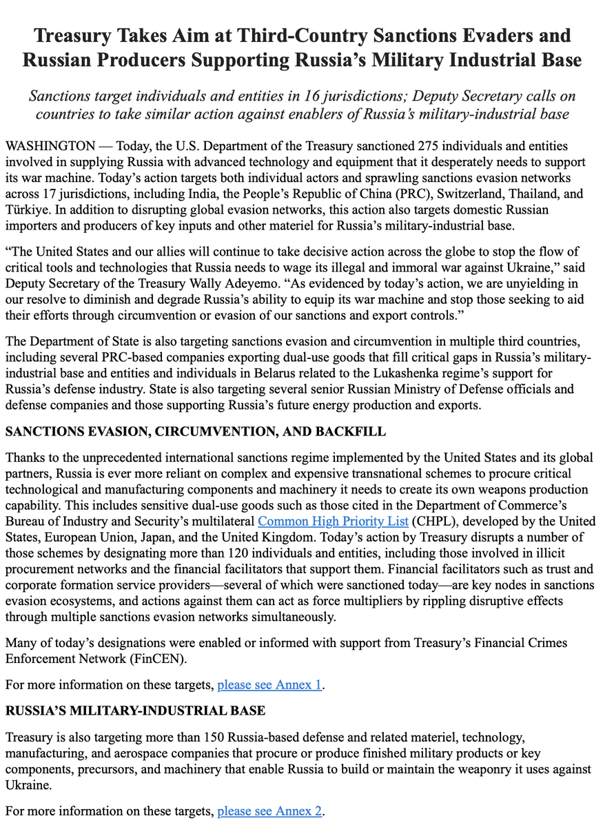 US sanctions 275 individuals, entities across multiple countries for supplying Russia with advanced tech for its war on Ukraine @USTreasury says Russia's sanctions evasion network spread across India, China, Switzerland, Thailand and Turkey among others