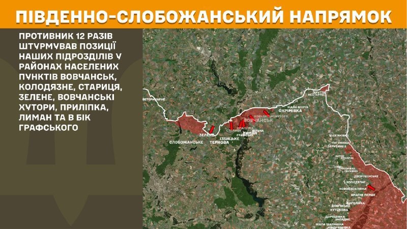At South Slobozhansky(Kharkiv) direction clashes yesterday near Vovchansk, Kolodyazne, Starytsya, Zelene, Vovchanski Khutory, Prylipka, Lyman and towards Hrafske, - General Staff of Armed Forces of Ukraine reports