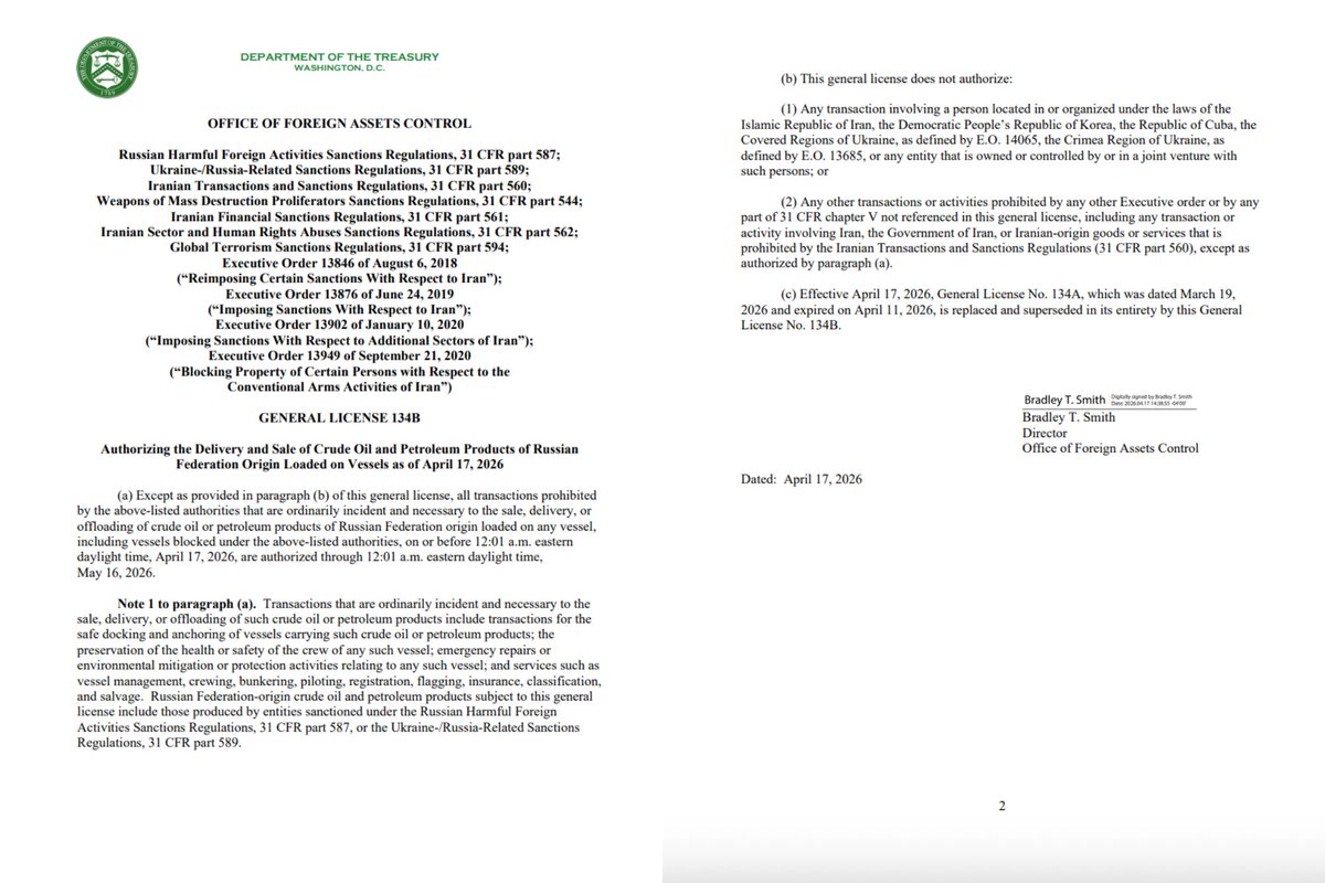 The U.S. Treasury is extending sanctions relief on Russian oil for another month, until May 16. Just two days ago, @SecScottBessent assured there would be no further exemptions