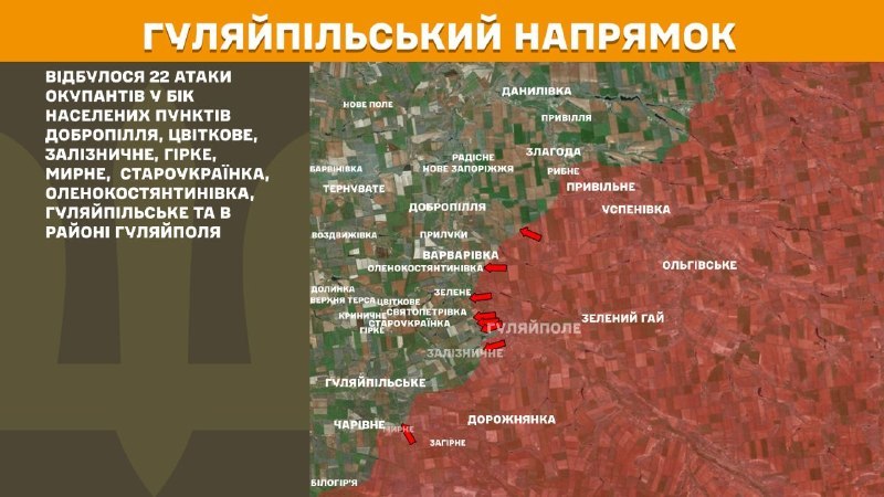 At Huliaipole direction clashes yesterday near Dobropillya, Tsvitkove, Zaliznychne, Hirke, Myrne, Staroukrayinka, Olenokostyantynivka, Huliaipilske and near Huliaipole, - General Staff of Armed Forces of Ukraine reports