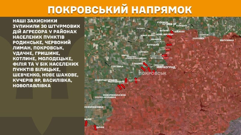 At Pokrovsk direction clashes yesterday near Rodynske, Chervonyy Lyman, Pokrovsk, Udachne, Hryshyne, Kotlyne, Molodetske, Filiya and towards Bilytske, Shevchenko, Nove Shakhove, Kucheriv Yar, Vasylivka, Novopavlivka, - General Staff of Armed Forces of Ukraine reports