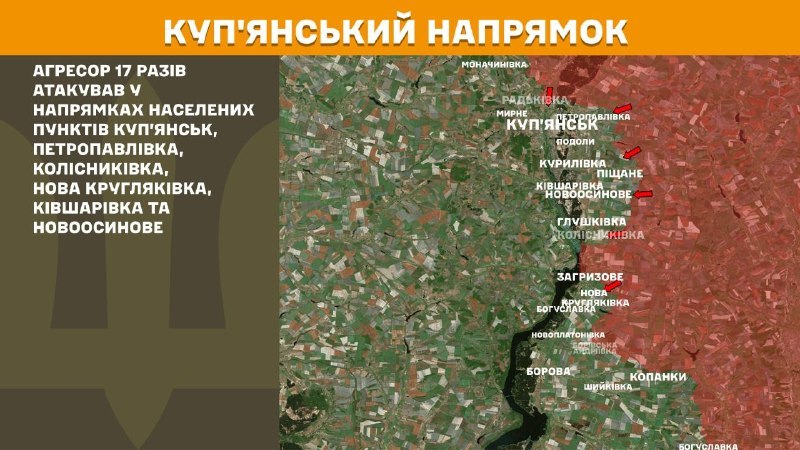 At Kupyansk direction clashes yesterday near Kupyansk, Petropavlivka, Kolisnykivka, Nova Kruhlyakivka, Kivsharivka and Novoosynove, - General Staff of Armed Forces of Ukraine reports