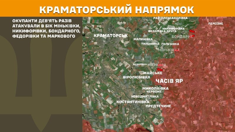 At Kramatorsk direction clashes yesterday near  Minkivka, Nykyforivka, Bondarne, Fedorivka and Markove, - General Staff of Armed Forces of Ukraine reports