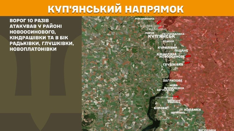 At Kupyansk direction clashes yesterday near Novoosynove, Kindrashivka and towards Radkivka, Hlushkivka, Novoplatonivka, - General Staff of Armed Forces of Ukraine reports