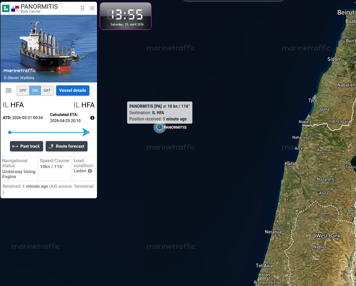 A second Russian vessel carrying stolen Ukrainian grain is approaching Haifa, Israel. Israel previously accepted grain cargo from another Russian ship despite prior warnings about its origin. Ukraine formally requested the vessel’s arrest as soon as it entered port, but Israeli authorities issued a response only after the ship had already departed, stating that no action could be taken because the vessel was no longer in Israeli port