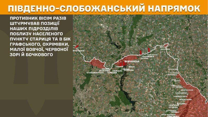 At South Slobozhansky(Kharkiv) direction clashes yesterday near Starytsya and towards Hrafske, Okhrimivka, Mala Vovcha, Chervona Zoria and Bochkove, - General Staff of Armed Forces of Ukraine reports